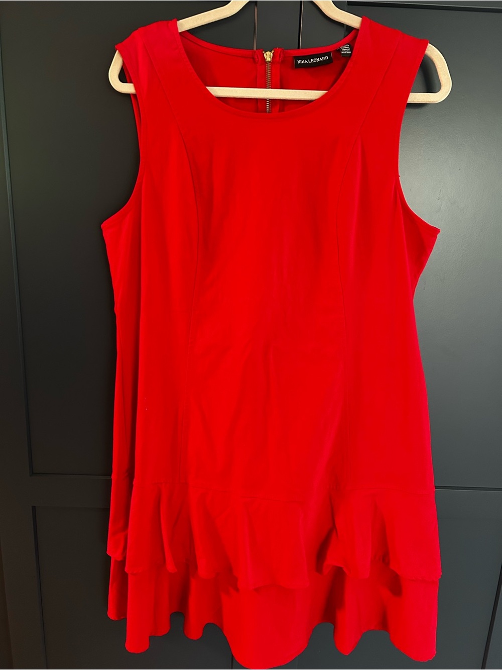 Nina Leonard Red Sleeveless Ruffle-Hem Dress